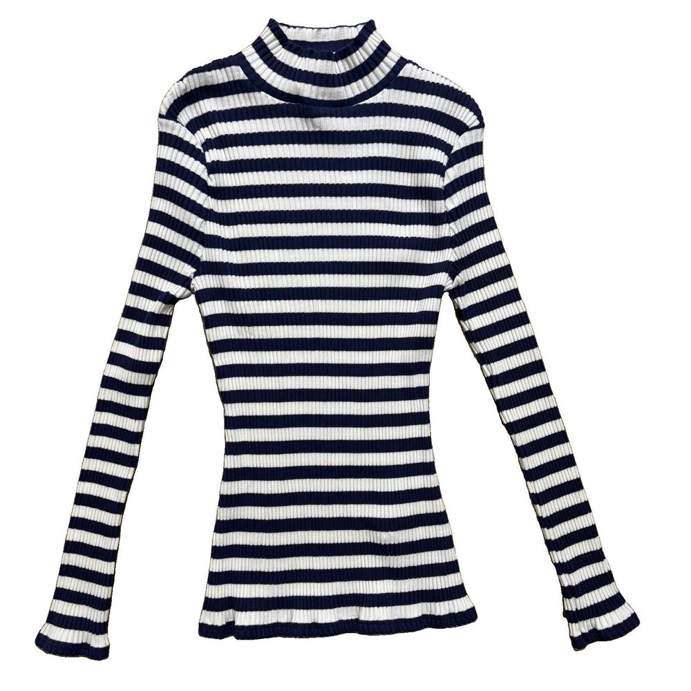 Veronica Beard Turtleneck Top Sz Small Blue Stripe Long Sleeve Stretch Luxury